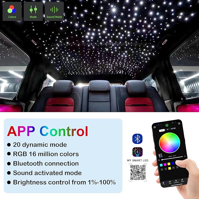 6W Fiber Optic Light Engine for Starlight Headliner, Bluetooth App/RF Remote Control with Music Mode, Car Plug & Power Adapter, PG Connector & 3 Drill Bits