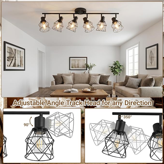 LOUSACE 6-Light Ceiling Track Lighting Fixtures, Multi-Directional Flush Mount Ceiling Spot Lights, Rotatable Black Track Light with Metal Cage for Farmhouse Dining Room, Living Room, E26 Base