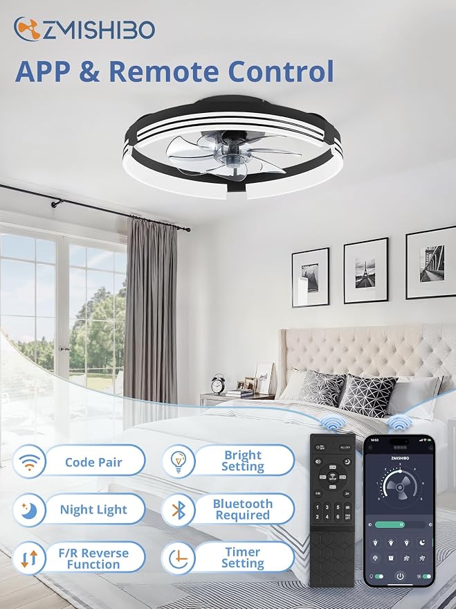 ZMISHIBO Low Profile Ceiling Fans with Lights and Remote, 20" Black | 3000K-6000K Dimmable Fandelier LED, Flush Mount, 6 Wind Speeds, Reversible, Timer, Bedroom, Living Room, Kitchen, Kids Room