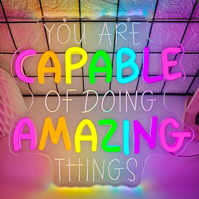 You Are Capable of Amazing Things Neon Sign for Wall Decor Classroom Led Sign Dimmable Inspirational Quotes Reading Corner Neon Light Up Signs for Classroom Home Club Study Room Office Wall Art