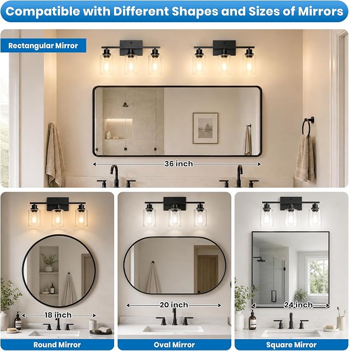 Ascher 3 Light Bathroom Light Fixture, Matte Black Bathroom Lighting Fixtures Over Mirror, Vanity Light with Clear Glass Shade, Wall Sconce for Living Room Bedroom Cabinet, E26 Base