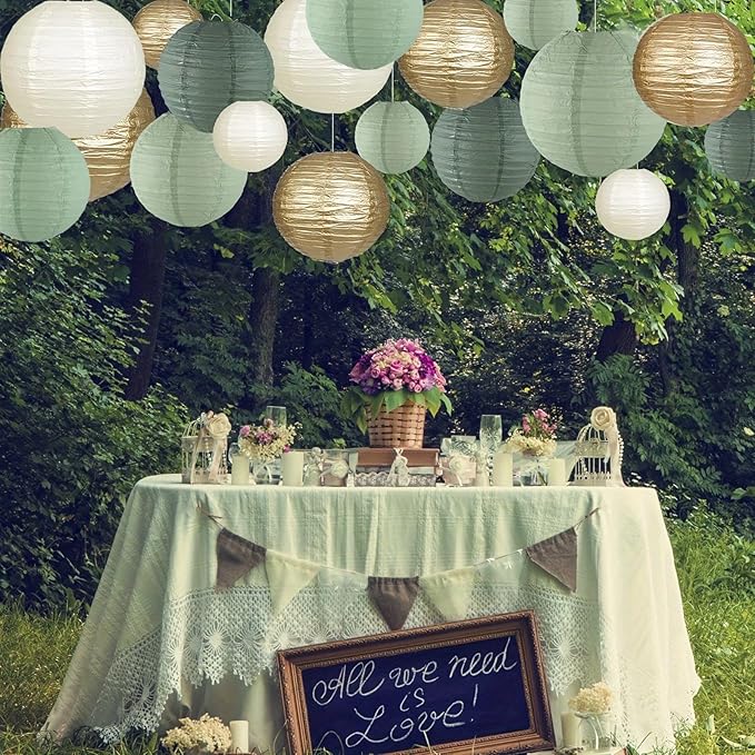 Bridal Shower Decorations,12pcs Sage Green Gold Paper Lanterns for Woodland Shower Wedding Boho Birthday Party Decoration(Gold,Ivory,Sage Green)