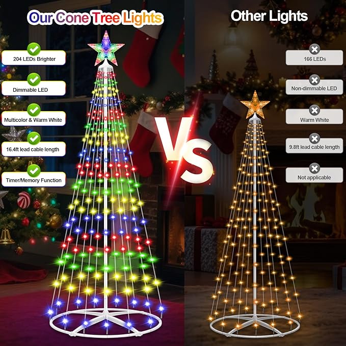 Forlivese 5FT Prelit Christmas Cone Tree Lights, 204 LED Small Lighted Christmas Tree Light with Remote, Timer, 11 Modes, Outdoor Christmas Tree for Yard Garden Decoration, Multicolor & Warm White