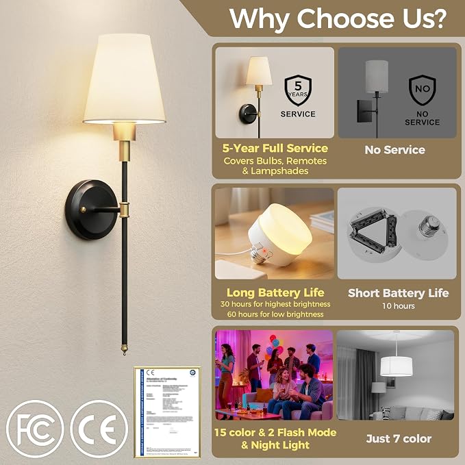 Battery Operated Wall Sconce: Set of 2 Wireless Wall Light 12000mAh | 15 Color Rechargeable Wall Sconces, Sconce Wall Decor Set of 2 for Bedroom, Living Room, Gold and Black, 24.6in