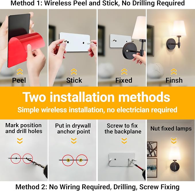 Vimhou Peel and Stick Wall Sconces, Stick On Wall Sconce Set of 2, Battery Operated Wireless Wall Light, No Drill Adhesive Wall Lamp, Corn Bulb with 10000mAh Rechargeable Battery, Bedroom Wall Decor