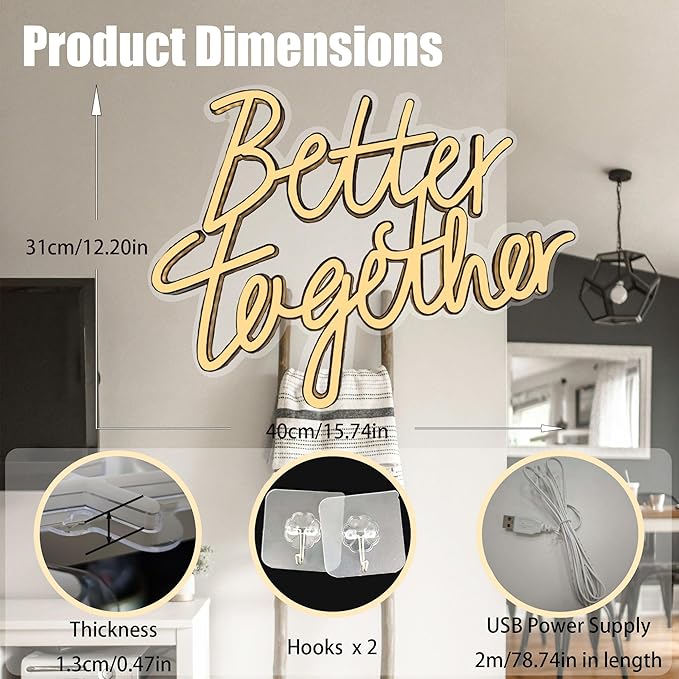 Better Together Neon Sign,Adjustable LED Neon Light Sign Backdrop powered by USB,Hanging Light for Wedding,Bar,Birthday,Wall Decor,Art Decoration(Warm White)