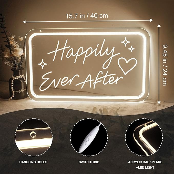 Happily Ever After LED Neon Sign Warm White Wedding LED Wall Light Letter Neon Lights Sign for Wall Decor USB Light Up Sign Neon for Home Bedroom Bar Pub Decor Valentine's Day Girls Gift Club Party