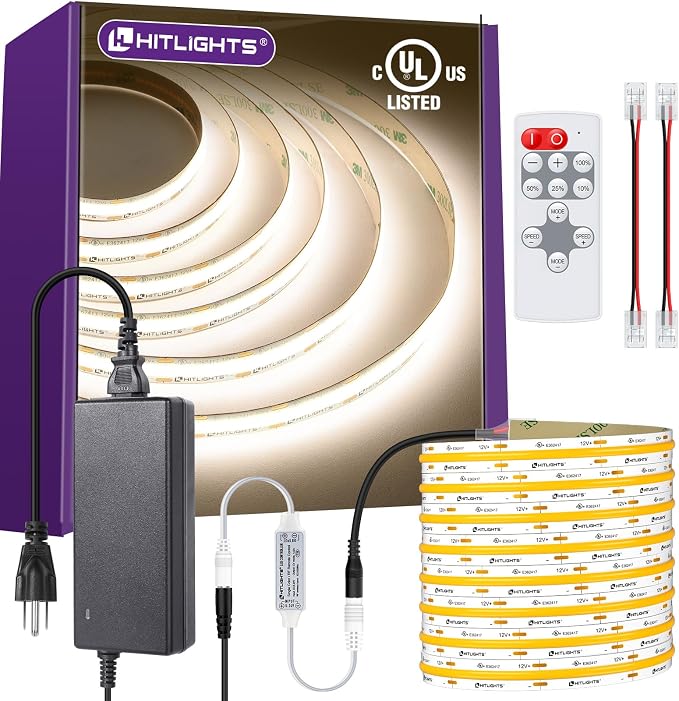 HitLights White COB LED Strip Lights Kit 4000K with Remote, 16.4ft 12V | UL Listed, Dimmable Tape Light with Power Supply, 2640 LEDs, 426 lm/ft, CRI 90+, Rope Lighting for Kitchen Cabinet Room