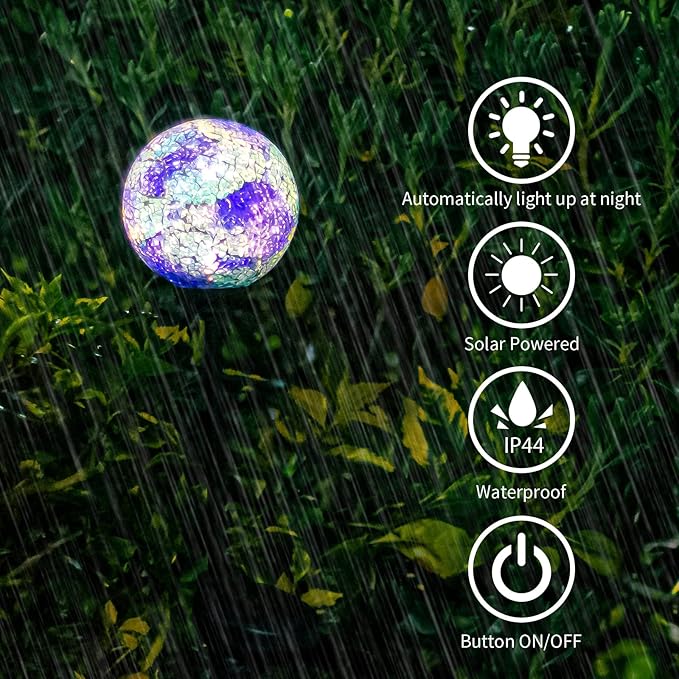 VCUTEKA Decorative Solar Garden Lights, 3.5" Mosaic Globe Outdoor Stake | Mosaic Glass Globe Design, Solar LED Light, Waterproof Design, Auto On/Off and Metal Stake Design for Lawn and Patio