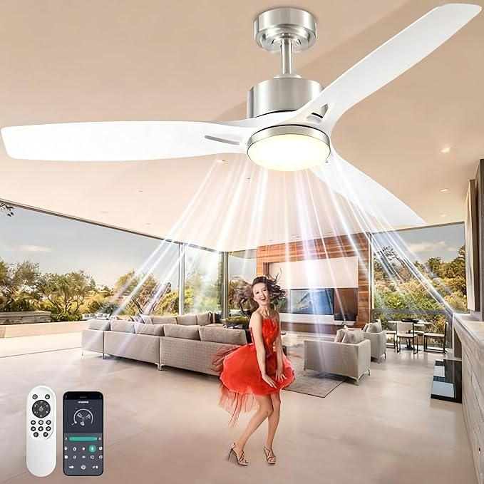 52 Inch Ceiling Fans with Lights and Remote Control - Outdoor Indoor Flush Mount Low Profile Silver White Ceiling Fans for Living Room,Bedroom,Patio