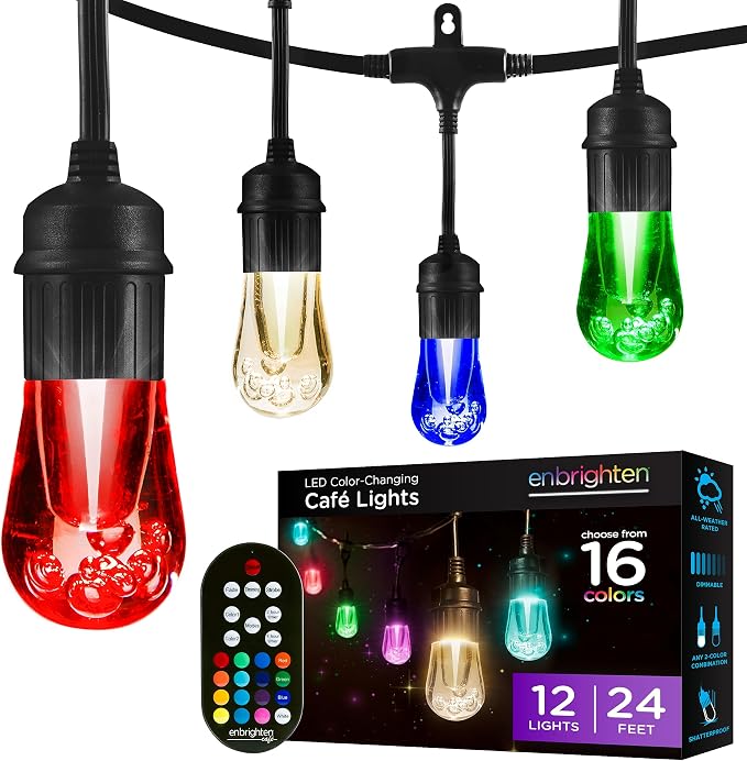 Enbrighten Vintage Outdoor String Lights, 24ft, 12 Bulbs, Remote Control | Coloring Changing LEDs, Weatherproof, Shatterproof Acrylic Bulbs, Drop Cord, Easy Install Keyholes, Linkable up to 750ft