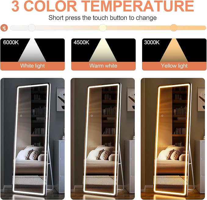 Full Length Mirror with Lights, 56" x 15.8" LED Lighted Floor Standing Body Mirror, Dimmable & 3 Color Lighting Cloakroom, Dressing Room, Tempered Glass, Rounded Corner White