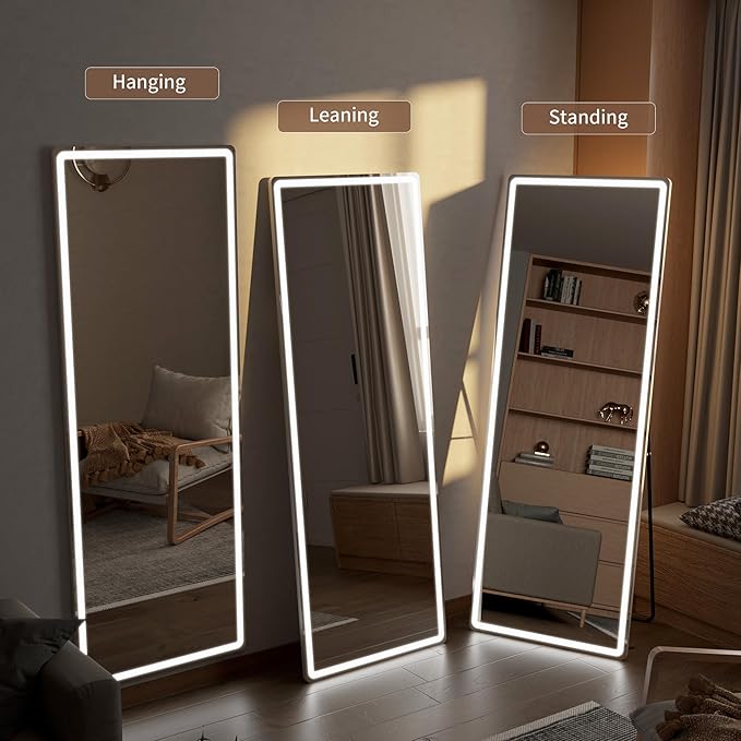 Full Length Mirror with LED Lights, 60"x16"Floor Mirror with Dimming & 3 Color Lighting, Free Standing Floor Mirrors, Lighted Full Body Mirrors for Bedroom, Dressing Room, Cloakroom