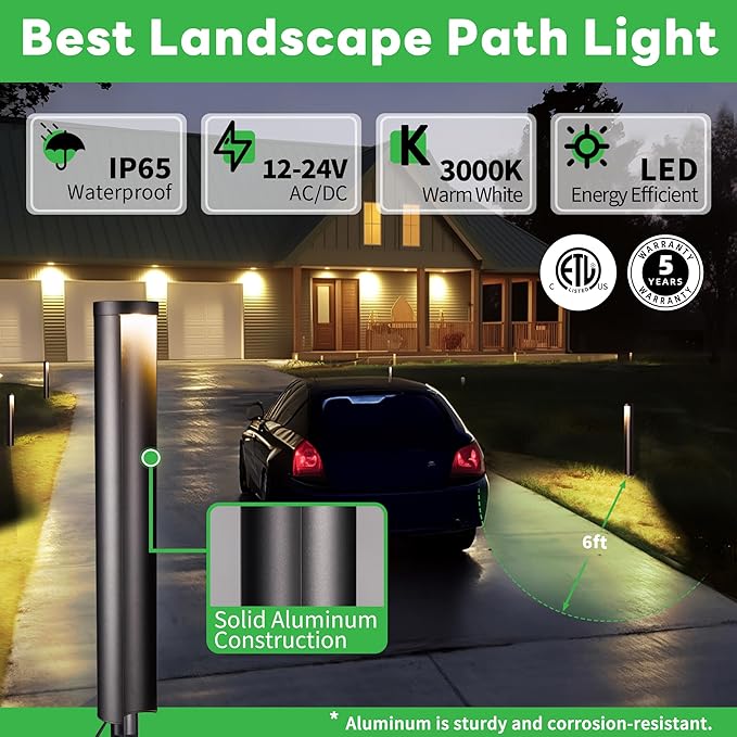 LED Pathway Lights Wired, 12V Landscape Path Lights, Low Voltage Outdoor Waterproof, 5W 200LM Black Aluminum for Lawn Garden 8 Pack