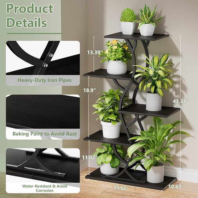 Plant Stand Indoor with Grow Lights - 5 Tiered Corner Plant Shelves (Black) | 44" Tall Metal Plant Shelf, S-Shape Lighted Flower Holder Dispaly Rack for Living Room, Home, Patio, Balcony