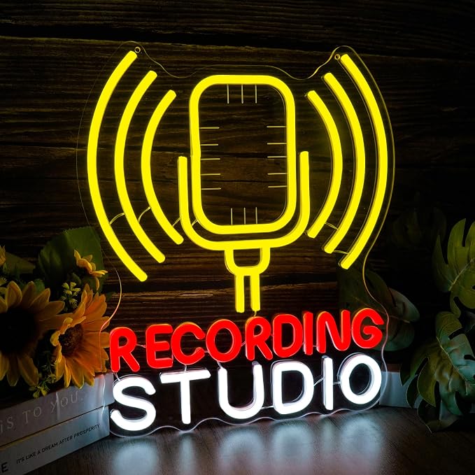 Recording Studio Neon Sign Microphone LED Light for Music Room Decor, Vintage Mic Wall Art for Home Studio Podcast Room, Singer Musician Gifts, Karaoke Bar Wall Decoration(12.2 * 14.5inch)