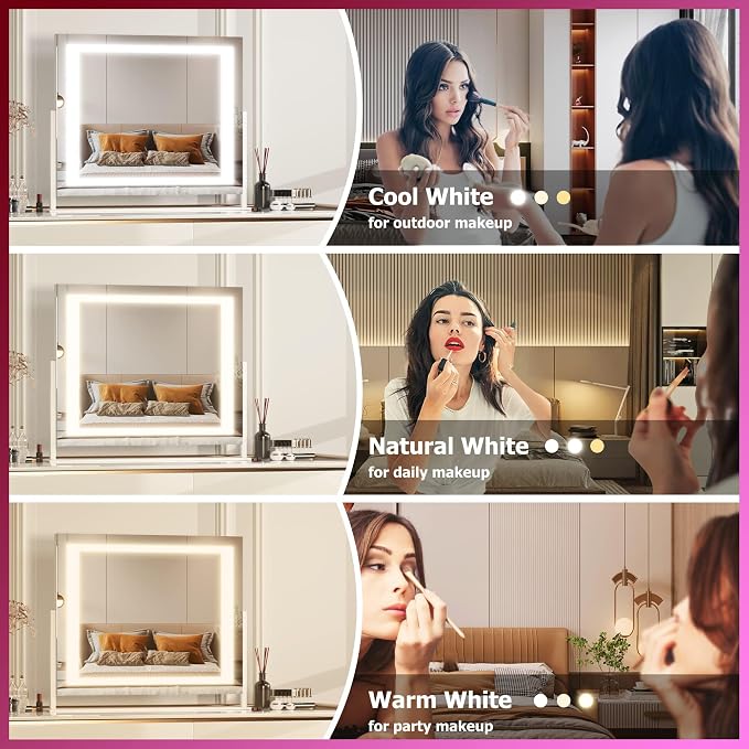 Hasipu Vanity Mirror with Lights, 24.2" x 19.7" LED Makeup Mirror, Light up Mirror with 10X Magnification, Smart Touch 3 Colors Dimmable, Brightness Adjustment, 360° Rotation (Right Angle White)