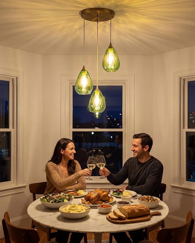Brushed Gold 3-Light Pendant Lighting, Modern Dining Room Light Fixture Over Table with Green Hammered Glass, Cluster Hanging Lights for Kitchen Island Dining Room