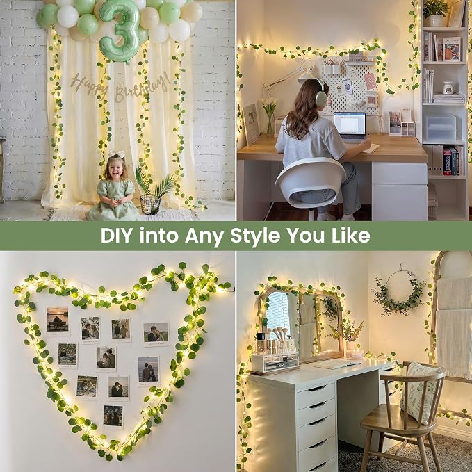 HEYFUNi 23FT Eucalyptus Garland with Fairy Lights, USB & Battery | 73 Leds, Timer & Memory & 8 Modes, Greenery Eucalyptus Leaf Vine Lights For Bedroom, Wall, Wedding, Party, Summer Dorm Decor