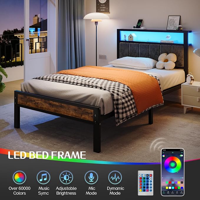 Liians Twin Size Bed Frame with LED Lights, Grey Upholstered Headboard | Platform Bed with 2-Tier Storage Shelf, Charging Station, Noise Free, No Box Spring Needed, Easy Assemably