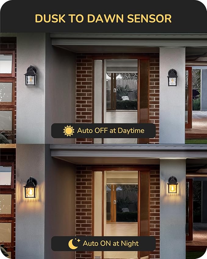 EDISHINE 2 Pack Outdoor Wall Lights, Modern Dusk to Dawn Black Porch Light | Clear Water Ripple Glass, Anti-Rust Aluminum, Standard E26 Socket, Waterproof Exterior Lighting Fixtures for Front Door