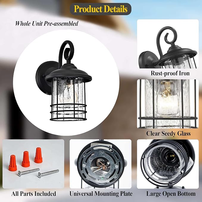 MICSIU 5.5" Wide Black Single Outdoor Porch Light, 9.8" H Modern Farmhouse | Seedy Glass Outside Fixture, Vintage Round Outdoor Wall Sconce For Small Sidelight, Front Door, Garage