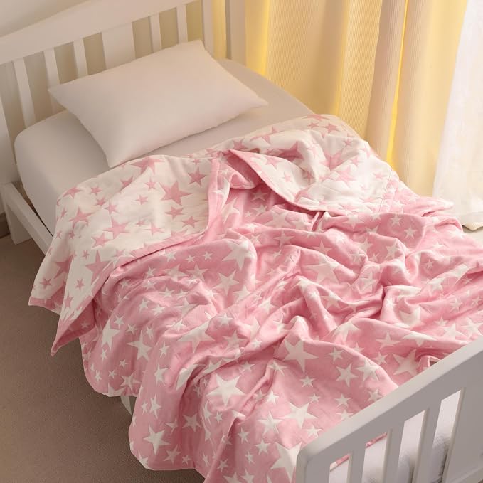 NTBAY 3 Layer Muslin Toddler Blanket, 30 x 40, Pink Star | Breathable Muslin Cotton Outer Layers with Light Thermal Fill, Reversible for Stroller, Daycare, Travel, and Supervised Use
