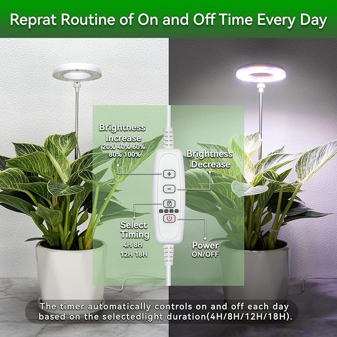 Grow Light for Indoor Plants, Full Spectrum 48LEDs Small Grow Light, Plant Light Super Bright with 4/8/12/18H Auto Timer, Dimmable, Adjustable Height 7"-17", Halo Φ3.5", Power Cord 78", Plug Included