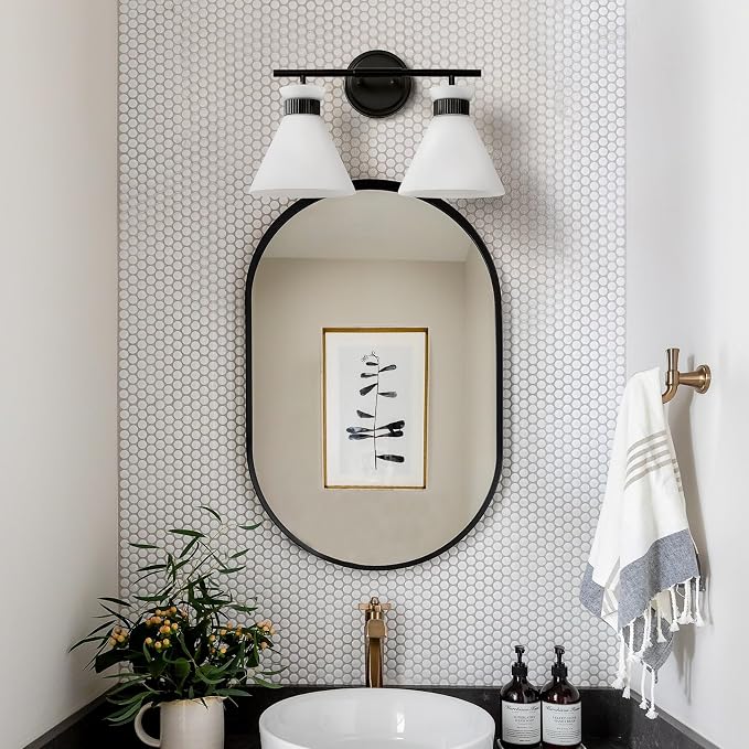 WOSHITU Black Bathroom Vanity Light Fixtures: Bathroom Lighting Fixtures Over Mirror 17.3 inch with Milky White Frosted Glass, 2-Lights Mid Century Modern Vanity Lighting Wall Light(Exclude Bulb)