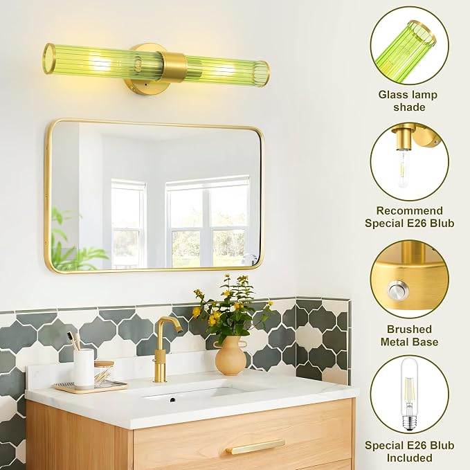 Morauroral Gold Battery Operated Wall Sconces Set of 2, Rechargeable Wall Lights with Remote Control, 20 Inch Modern Wireless Wall Lamp for Bedroom, Living Room with Green Shade (Bulbs Included)