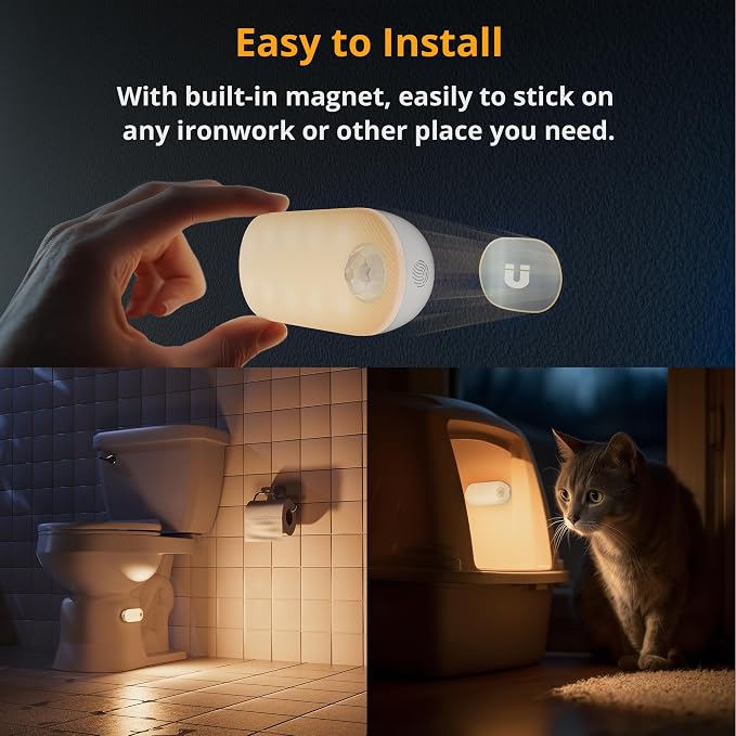 Rechargeable Night Light with Motion Sensor, 1500mAh Battery Operated Nightlights, Stick-on LED Closet Light, 1-80LM Dimmable Brightness for Bathroom, Kitchen, Stairs, Hallway, 3 Packs