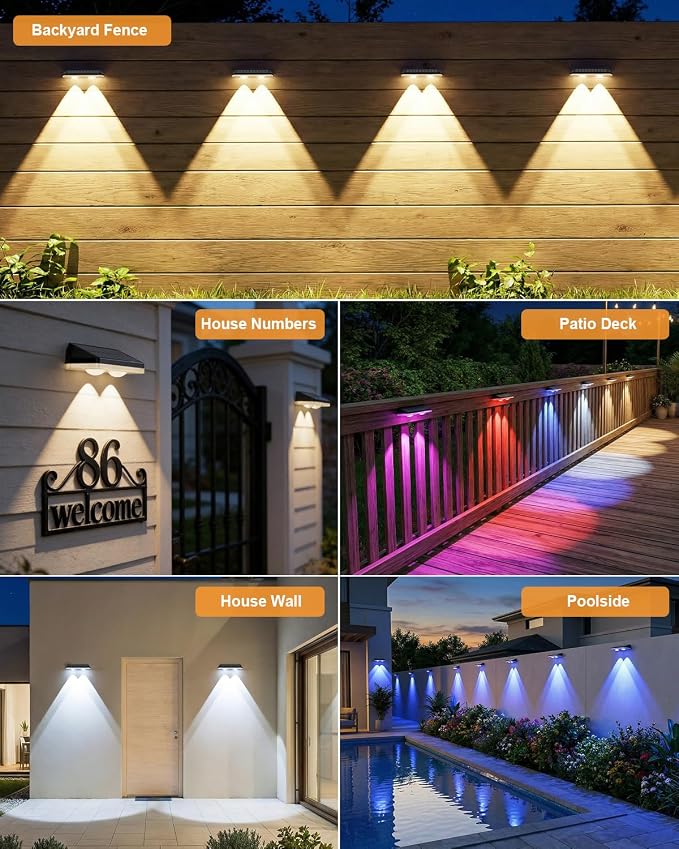 20 Pack Solar Fence Lights Outdoor ,Warm White + RGB 13 Color Mode Fence Lights Solar Powered with Ultra-Bright Lens IP65 Waterproof,Solar Wall Light for Backyard/Step/Patio/Deck/Stair/Railings/Fence