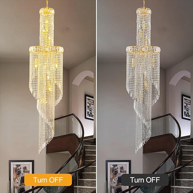 73-Inch Spiral Crystal Beaded Strands Chandelier for High Ceiling, 9-Lights Luxury Gold Foyer Pendant Light, Modern Semi-Flush Mount Ceiling Light Fixture for Entryway Staircase