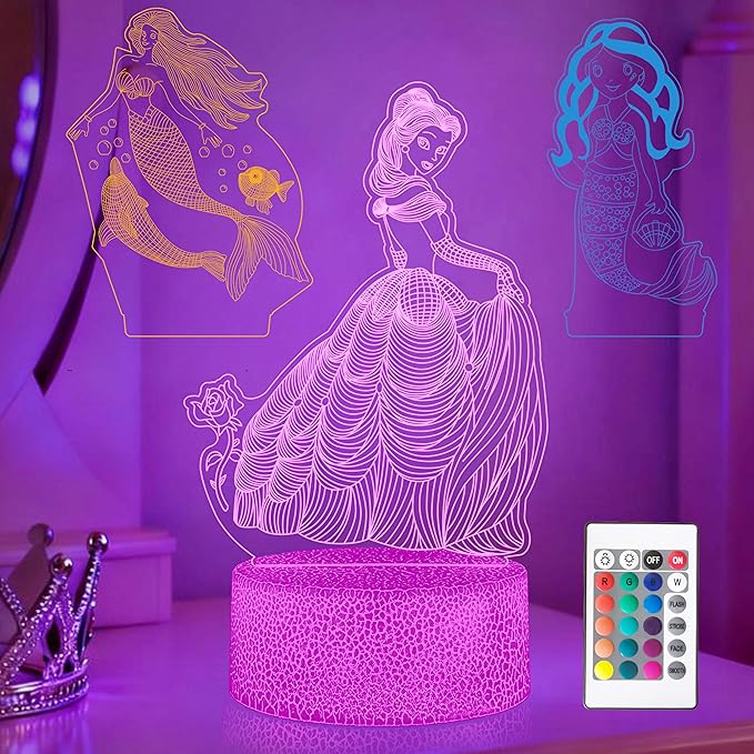 Princess 3D Night Light with Remote - 3 in 1 Interchangeable Acrylic Panels, 16 RGB Colors 4 Modes, USB/Battery(Not Included), Christmas Gift for Girls, Princess Bedroom Decor