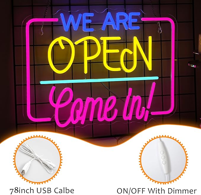 We Are Open Come In Neon Sign LED Open Light Sign for Business Decor | We Are Open Neon Light,Dimmable USB Powered,Open Signs for Store Front Cafe Bar Restaurant Decor,Easy to Hang