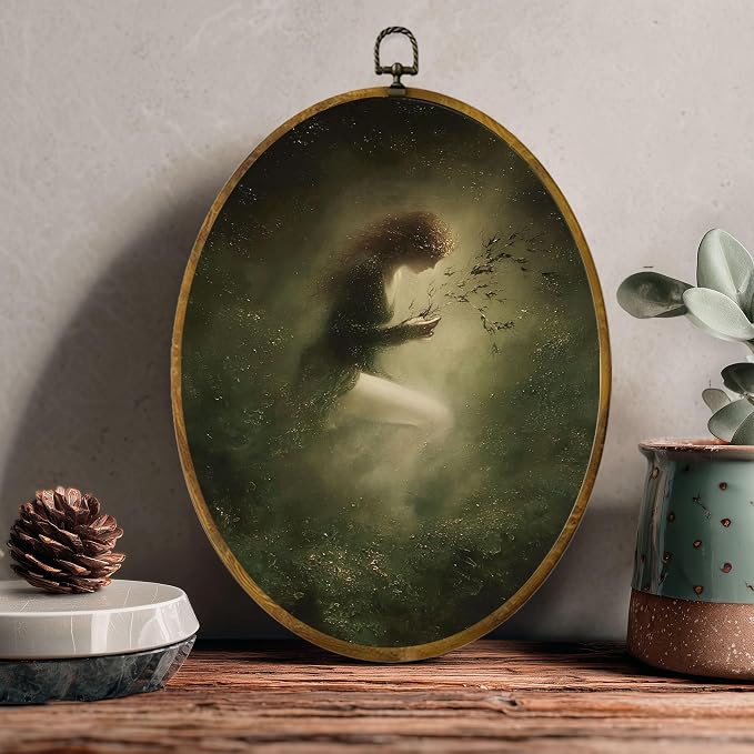 zewepri Forest Nymph Dark Academia Oval Canvas Art | 8.5x11.5 in oval framed canvas with ethereal forest nymph and twigs, mystical vintage decor for bedroom or living room.