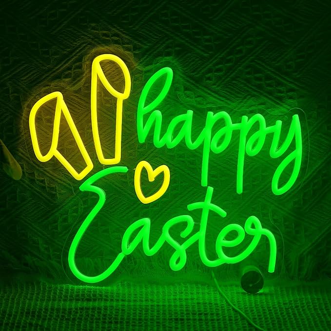 Easter Rabbit Ears Neon Sign Happy Easter LED Neon Light USB Powered Bunny Rabbit Light Up Sign for Wall Decor Bar Party Bedroom Shop Pub