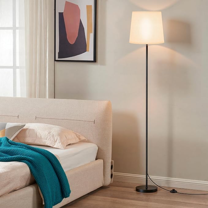 Dimmable Floor Lamp with Linen Shade for Living Room | Dimmable LED Standing Lamp with Remote & Foot Switch, Modern Floor Reading Light for Bedroom Office Corner