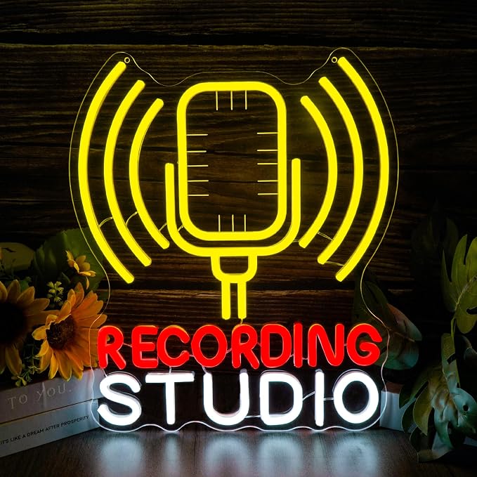 Recording Studio Neon Sign Microphone LED Light for Music Room Decor, Vintage Mic Wall Art for Home Studio Podcast Room, Singer Musician Gifts, Karaoke Bar Wall Decoration(12.2 * 14.5inch)