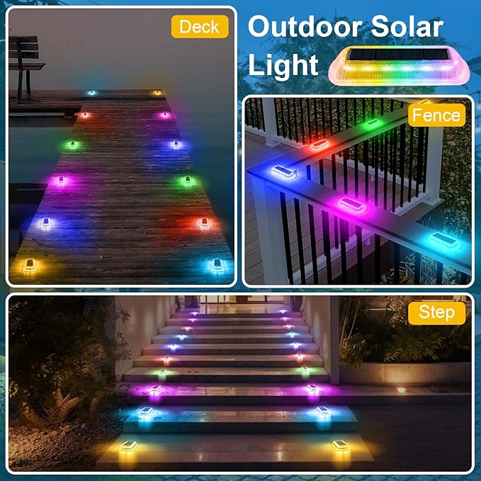 T-SUN Solar Deck Lights Outdoor Waterproof, Deck Lights Solar Powered, Driveway Marker Light for Fence Front Door, Step, Stair, Garden, Sidewalk, Pathway, Dock Porch, Backyard (Multicolor, 12 Packs)