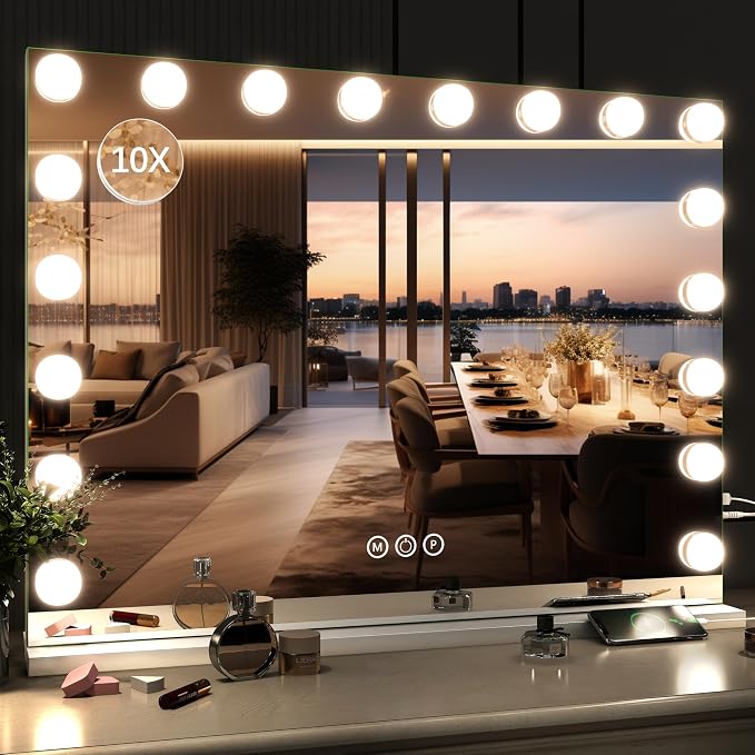 ROLOVE 32"x24" Hollywood Vanity Mirror with Lights, 15 Dimmable LED Bulbs, 3 Color Modes, 10X Magnification, USB Charging Port, Tabletop or Wall-Mounted