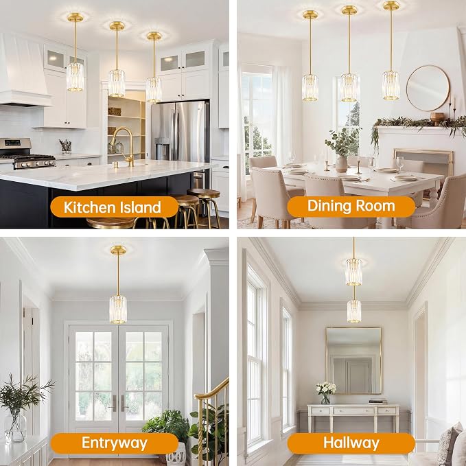 Gold Pendant Light, Modern Crystal Pendant Lights Kitchen Island, Kitchen Island Lighting with Adjustable Height, UL Certified Island Lights for Kitchen Dining Room Bedroom Hallway 1 Pack