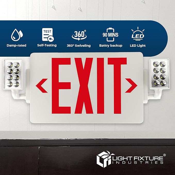 LFI Lights® Thin COMBO UL 924 Listed, Red LED, Exit Sign with Emergency Lights, White, 120-277VAC Hardwired with Battery Backup, Optional Double Face and Knock Out Arrows COMBOTRWBB (4)