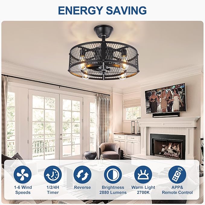 DLLT Caged Ceiling Fan with Light: 20" Farmhouse Fandelier with Lights and Remote & APP - Black Rustic Semi Flush Mount Bladeless Ceiling Fans Enclosed Fan for Bedroon Kitchen Living Dining Room