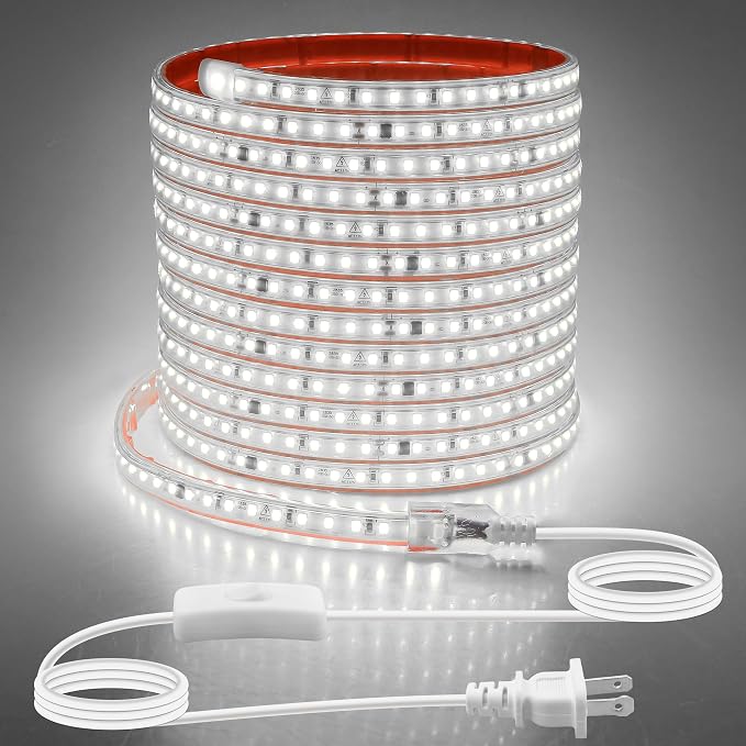 Aclorol 120V LED Strip Lghts 20FT Cold White 6000K Super Bright Rope Lights for Outside IP67 Waterproof LED Light Strip with Slef-Adhesive for Kitchen Cabinets Living Room Deck Yard Garage 720LEDs