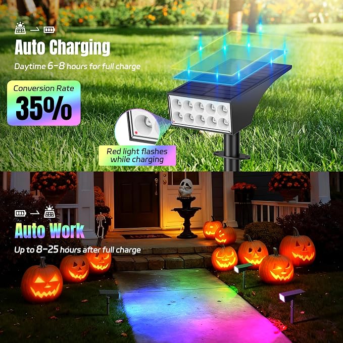 WENATY Solar Spot Lights Outdoor Color Changing 6 Pack Halloween Spotlights | IP65 Waterproof, Auto On/Off LED Powered Yard Garden Flood Solar Light for Outside Pathway Wall Tree Lawn Uplights Lights