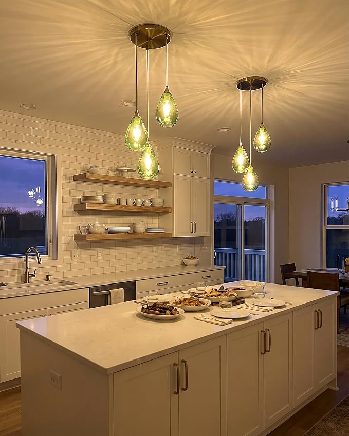 Brushed Gold 3-Light Pendant Lighting, Modern Dining Room Light Fixture Over Table with Green Hammered Glass, Cluster Hanging Lights for Kitchen Island Dining Room