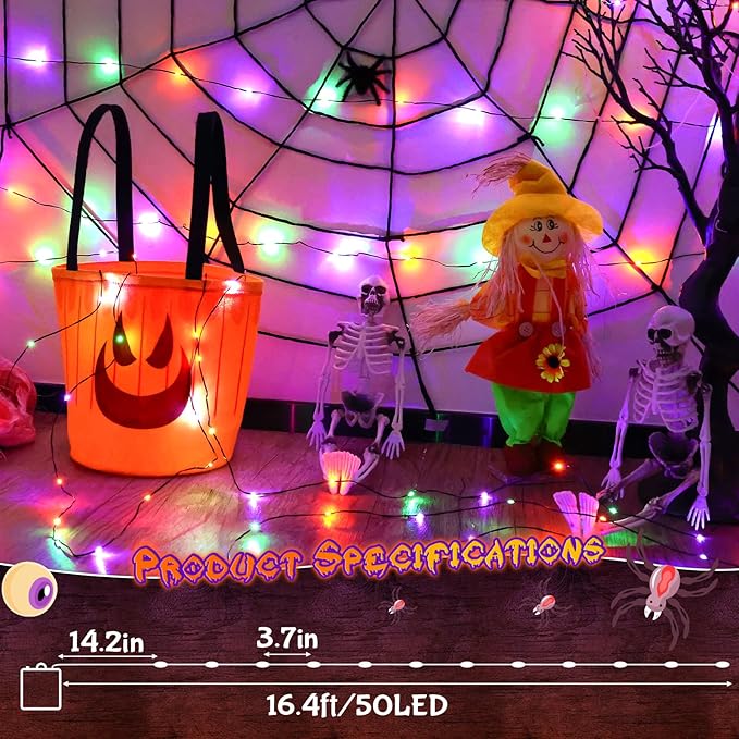 Orange Purple Green Fairy Lights Battry Operated with Timer, Halloween String Lights for Outside 16.4ft 50LED Indoor Outdoor Halloween Decorations Garland Party Patio Garden Yard 2 Packs