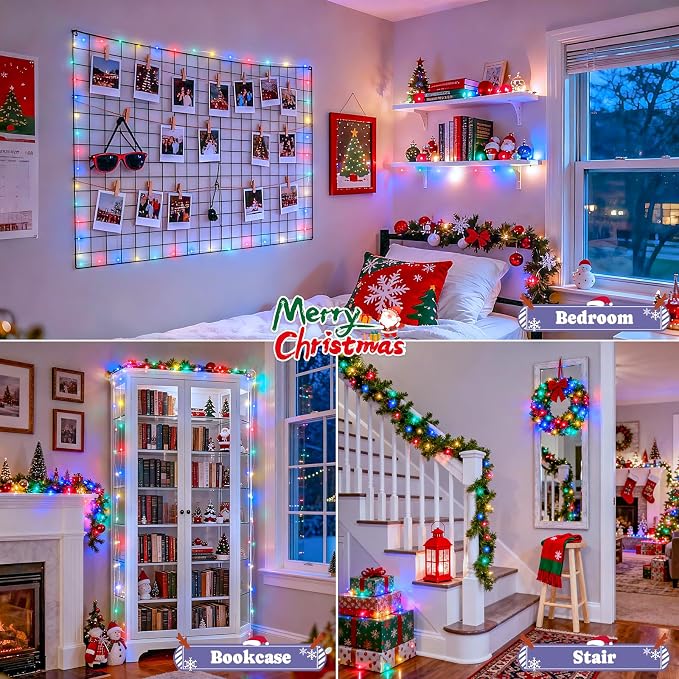 JMEXSUSS 2Pack Multicolor Fairy Lights Battery Operated for Christmas Decor | Total 200 LED 66ft, Battery Powered Christmas Lights with Remote, 8 Modes Twinkle String Light for Mantel Tree Indoor Outdoor