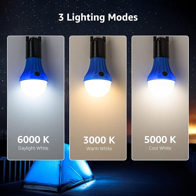 Lepro Portable LED Camping Lantern, Camping Essentials with 3 Lighting Modes, Hanging Tent Light Bulbs with Clip Hook for Camping, Hiking, Hurricane, Power Outages, Batteries Included, 6 Packs